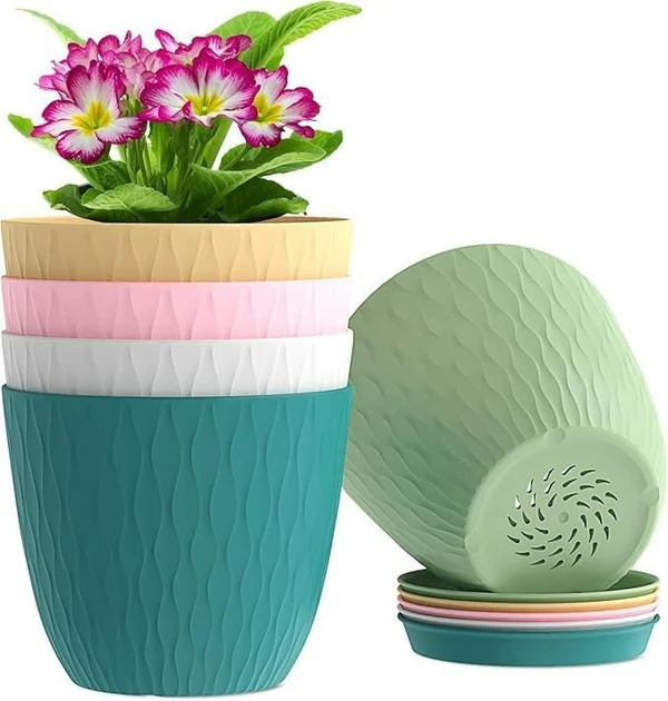 (Pack of 5) 6-Inch Unbreakable Plastic Flower Pots with Drainage & Saucers – Indoor & Outdoor Planters